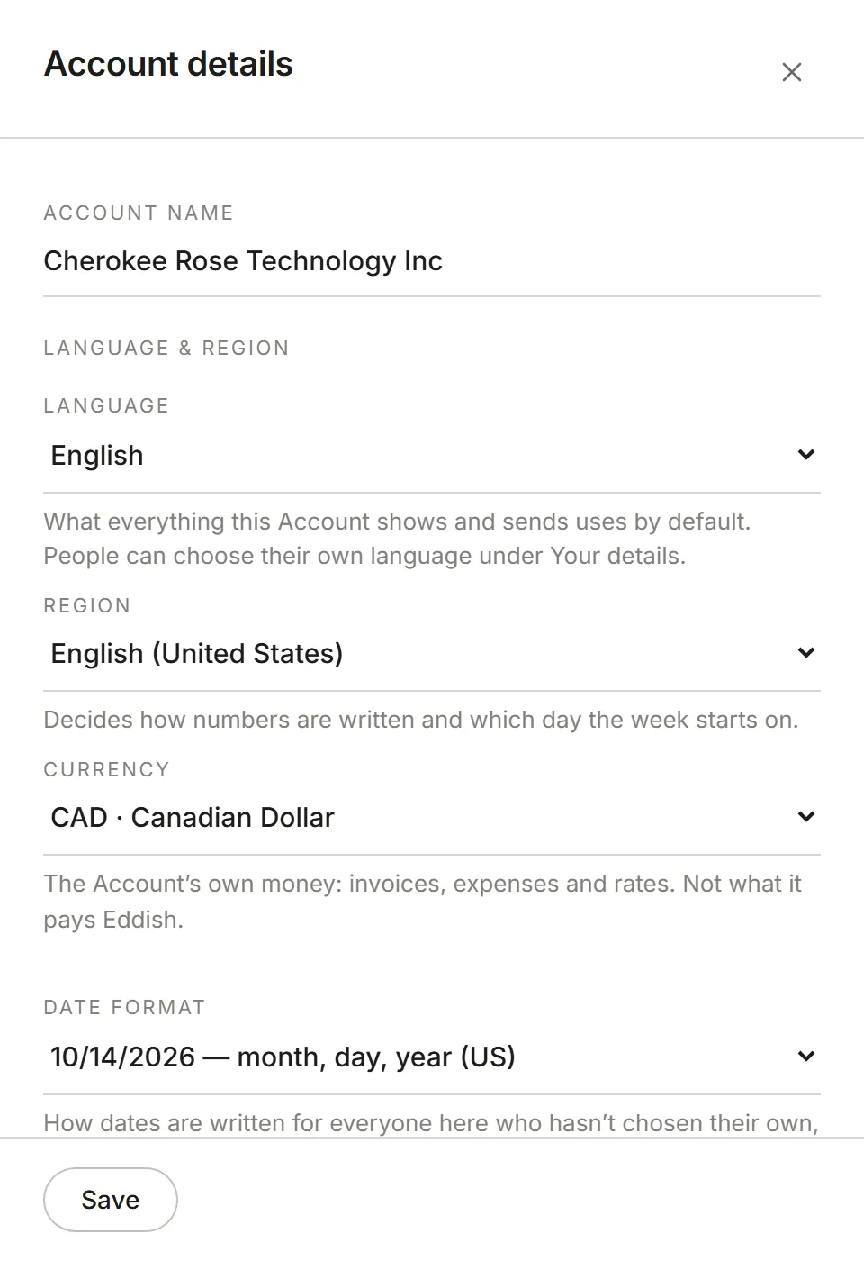 The Account details panel: name, subdomain and your role