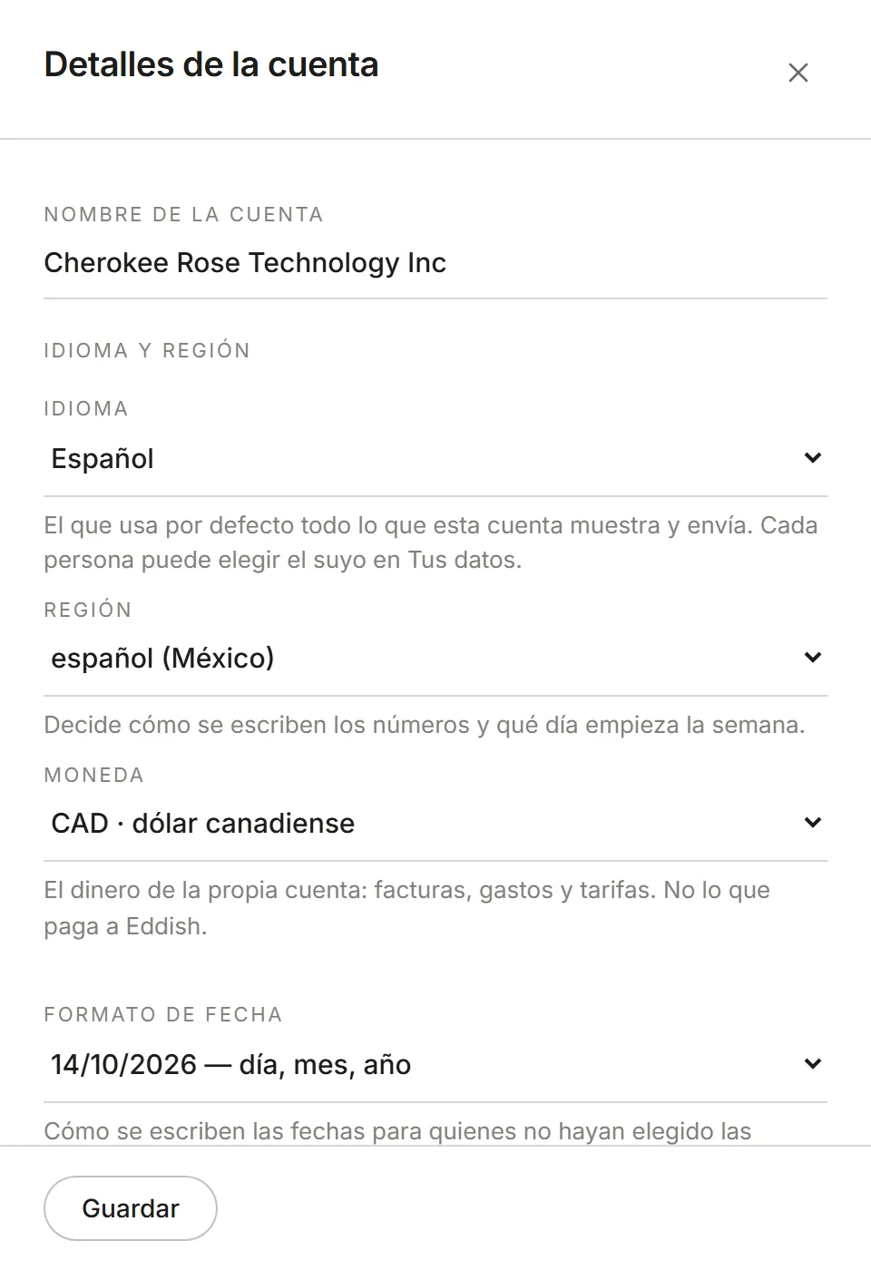 El panel Detalles de la cuenta: nombre, subdominio y tu rol