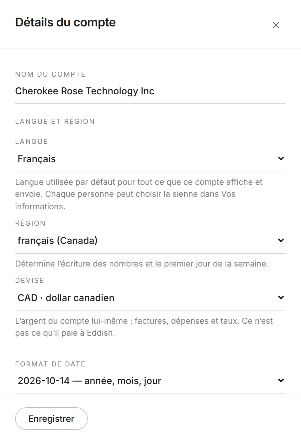 Le panneau Détails du compte : nom, sous-domaine et votre rôle