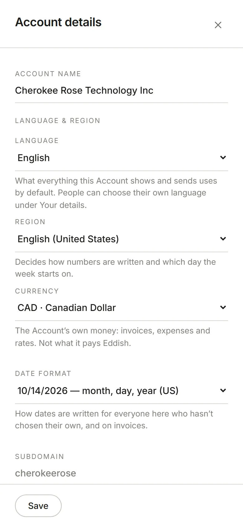The Account details panel: name, subdomain and your role