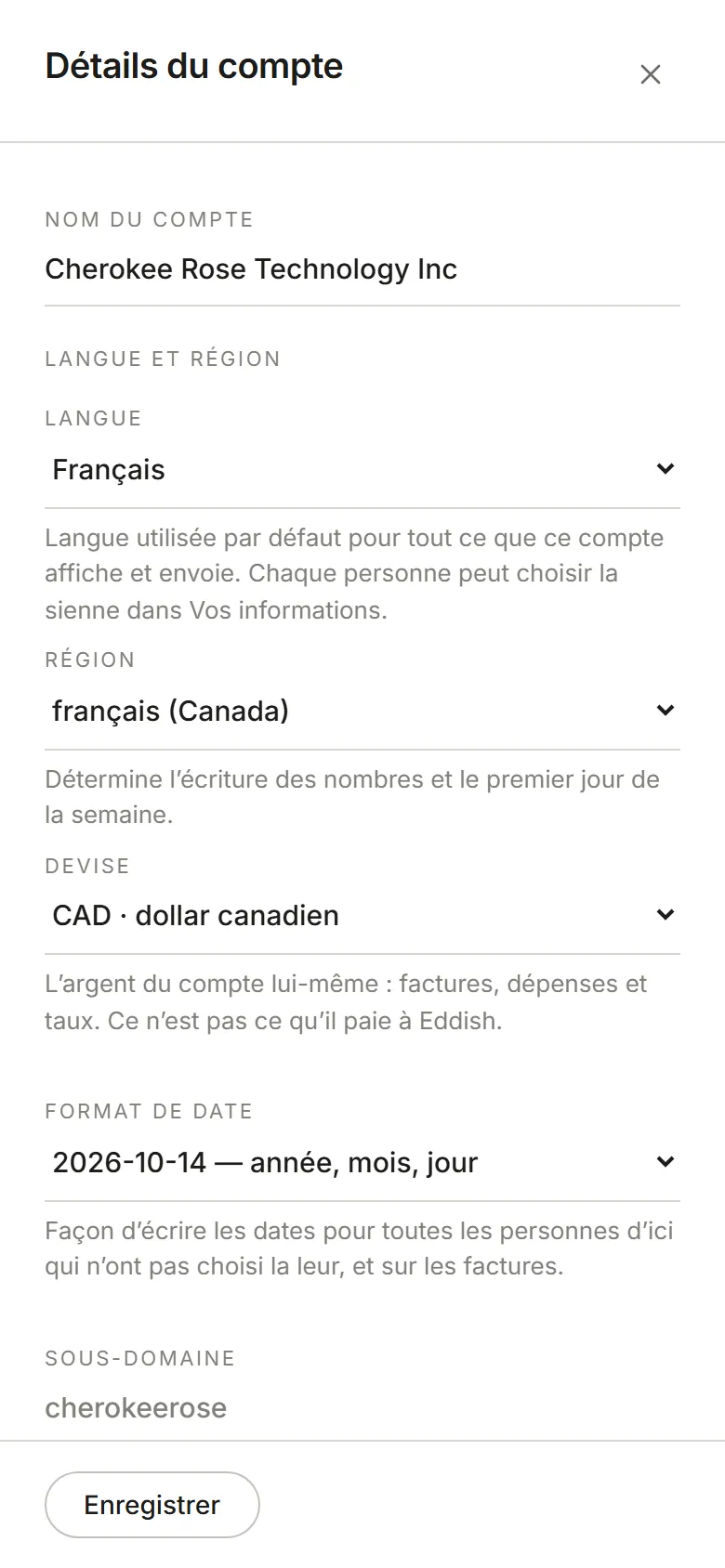 Le panneau Détails du compte : nom, sous-domaine et votre rôle
