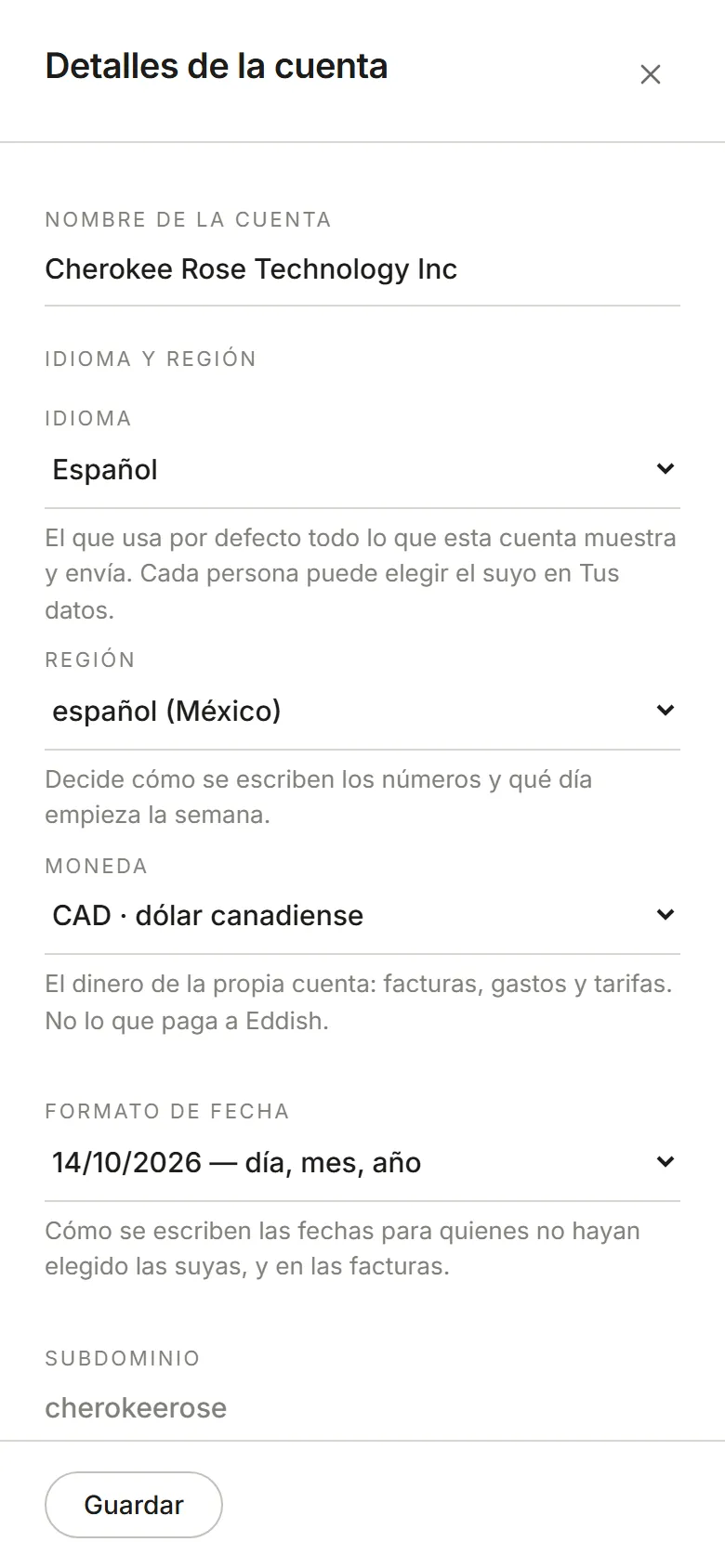 El panel Detalles de la cuenta: nombre, subdominio y tu rol