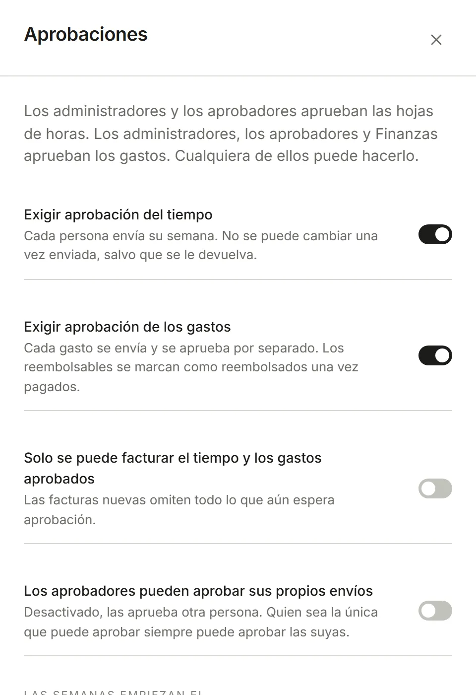 Configuración, Aprobaciones: los interruptores de aprobación, el primer día de la semana y el recordatorio