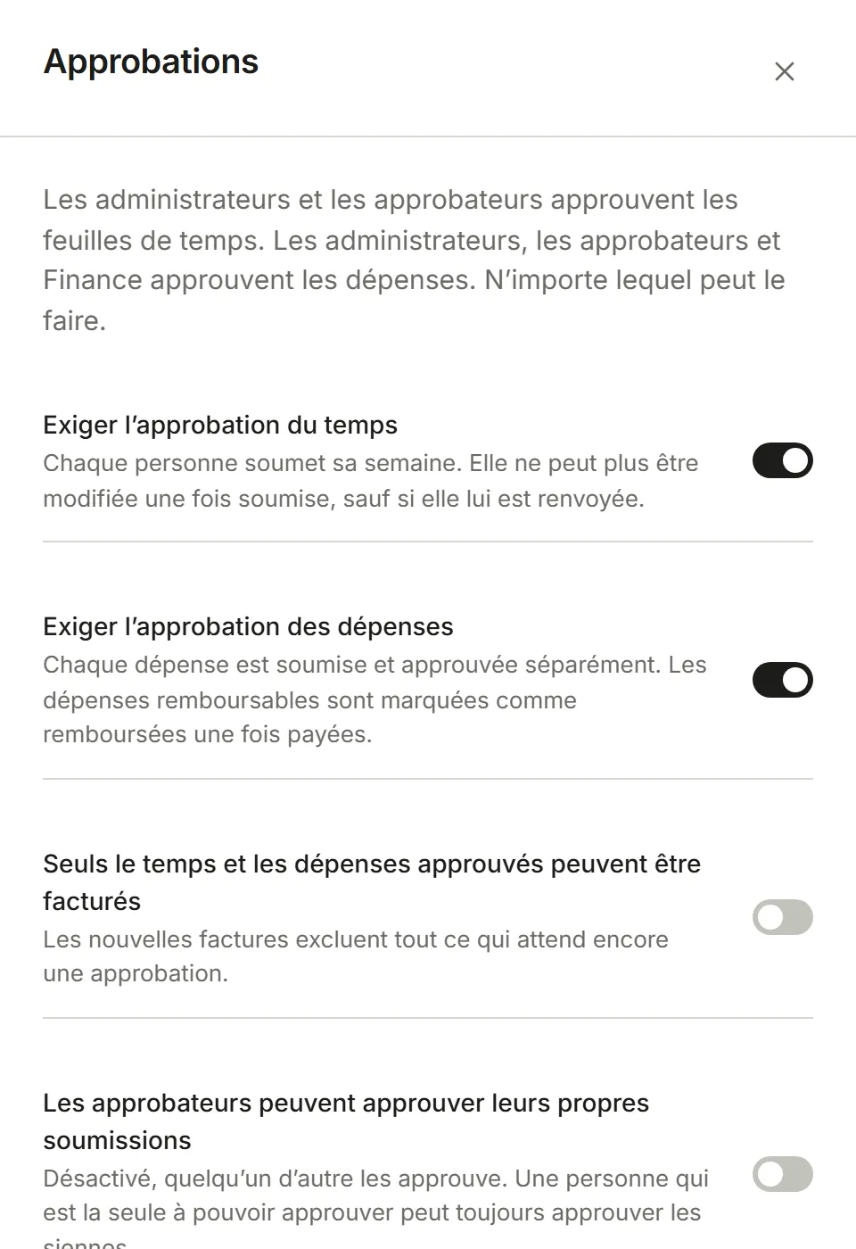 Paramètres, Approbations : les interrupteurs d’approbation, le premier jour de la semaine et le rappel
