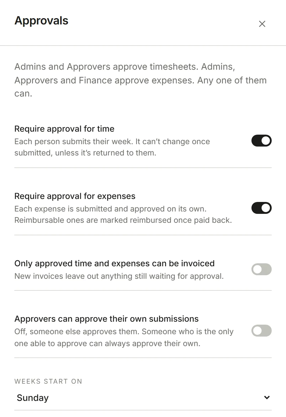 Settings, Approvals: approval switches, the week's first day and the reminder