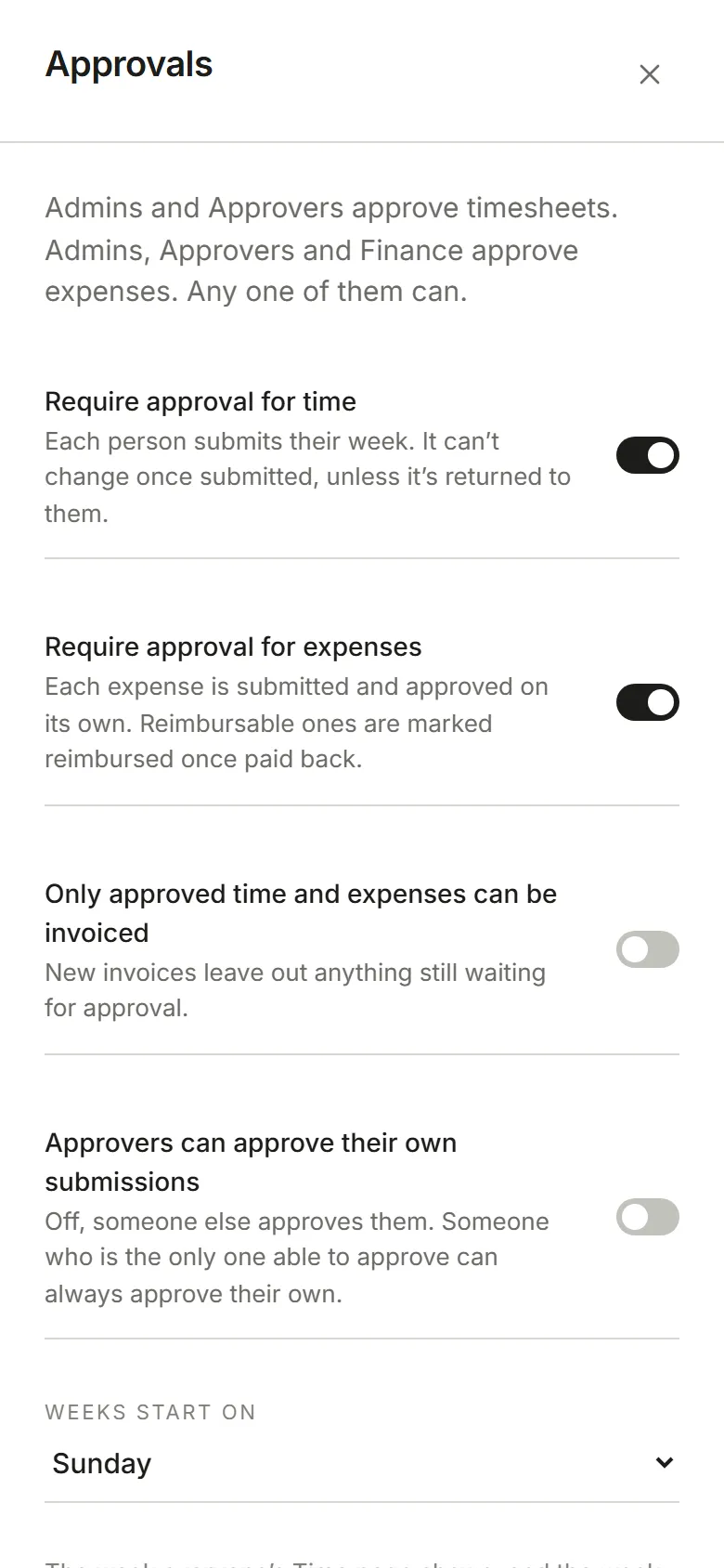Settings, Approvals: approval switches, the week's first day and the reminder