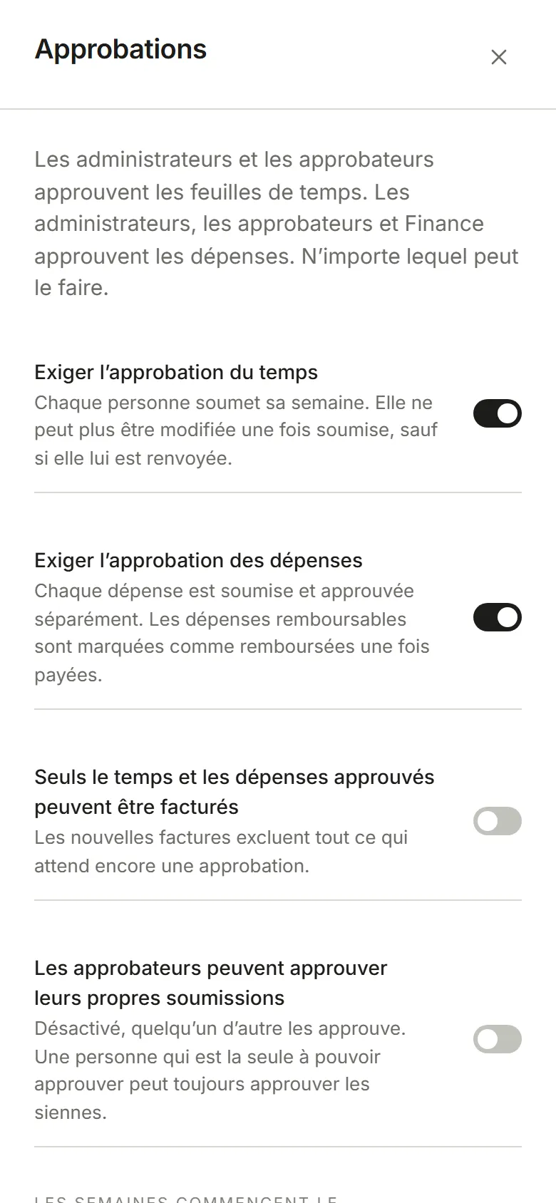 Paramètres, Approbations : les interrupteurs d’approbation, le premier jour de la semaine et le rappel