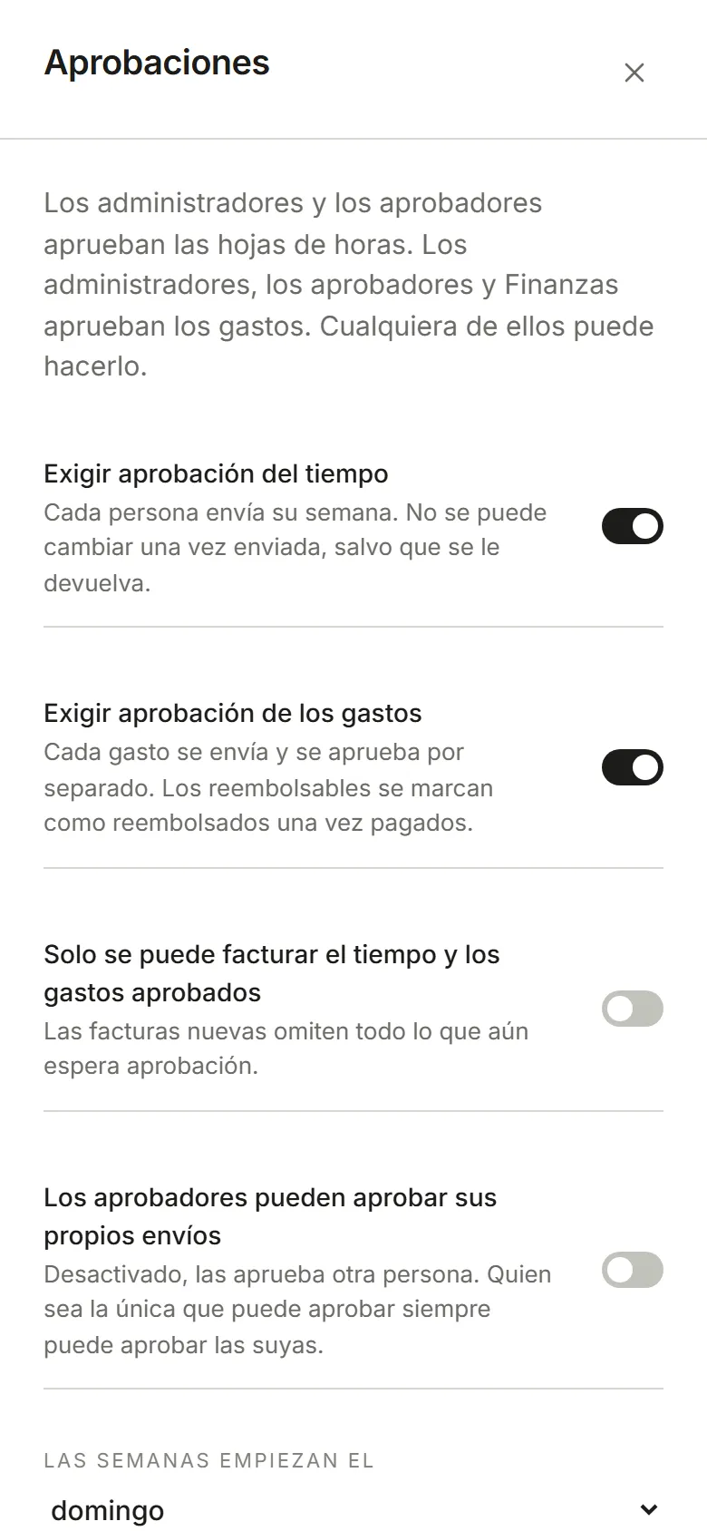 Configuración, Aprobaciones: los interruptores de aprobación, el primer día de la semana y el recordatorio