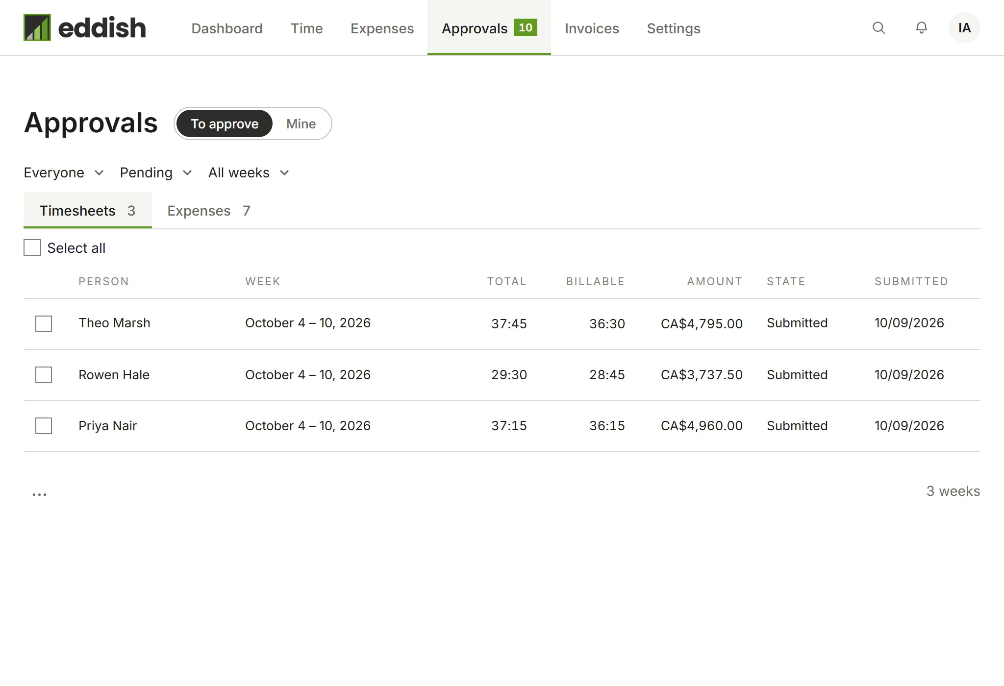 The Approvals page