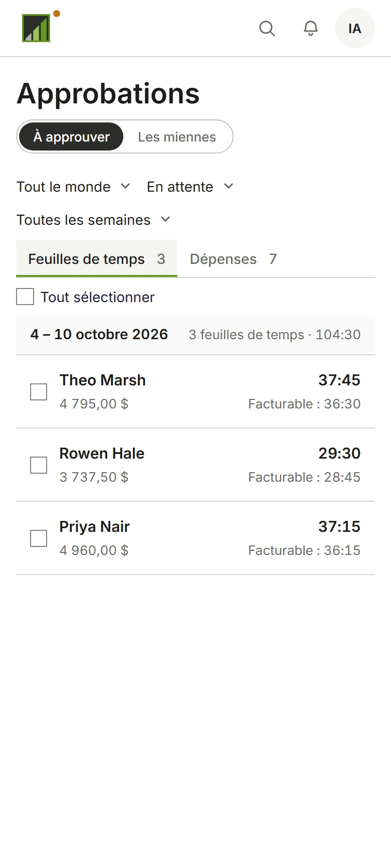La page Approbations