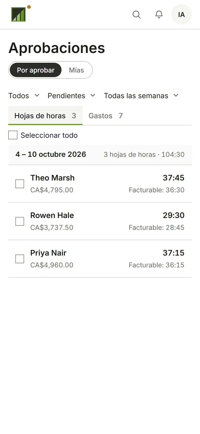 La página Aprobaciones