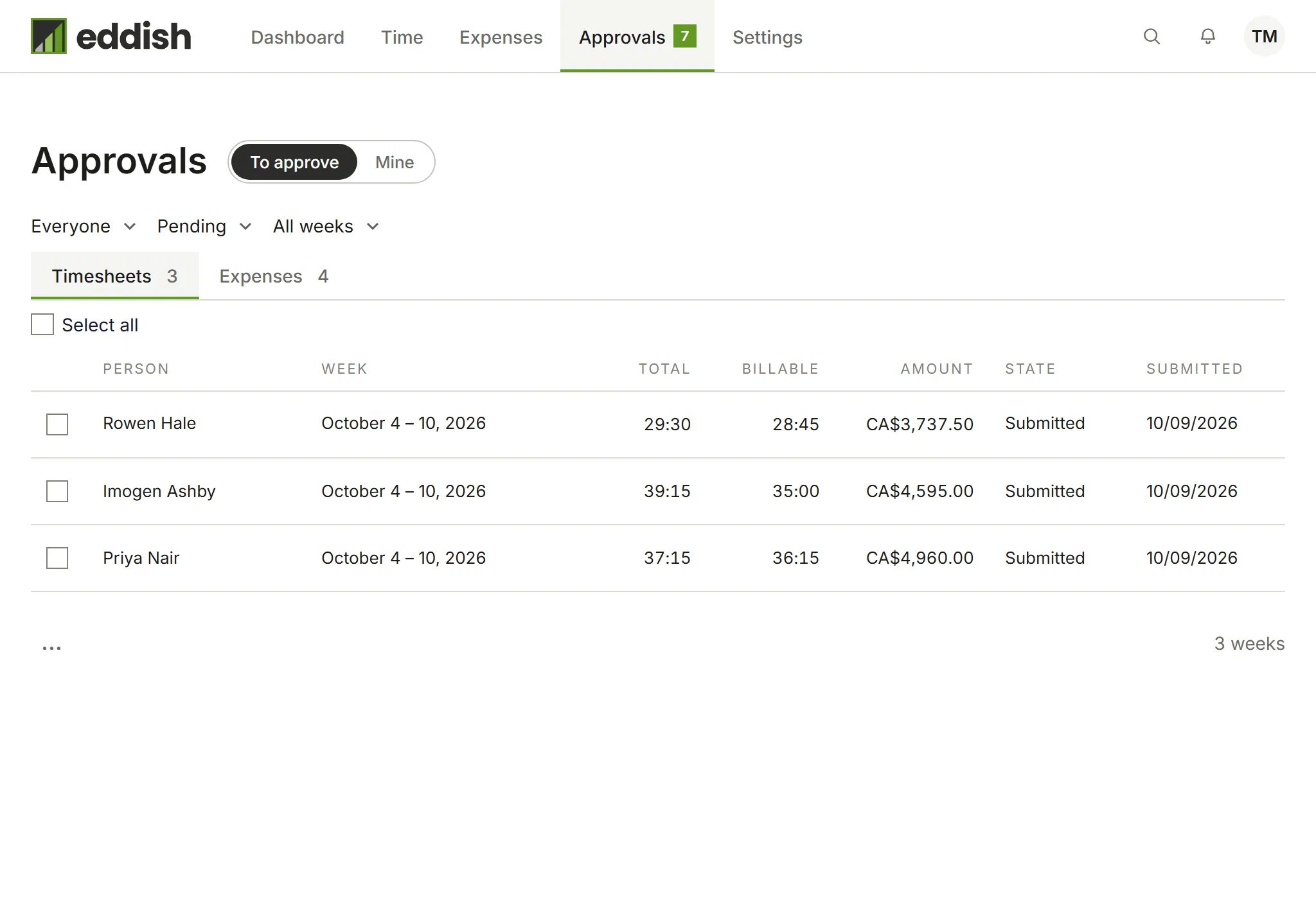 The Approvals page