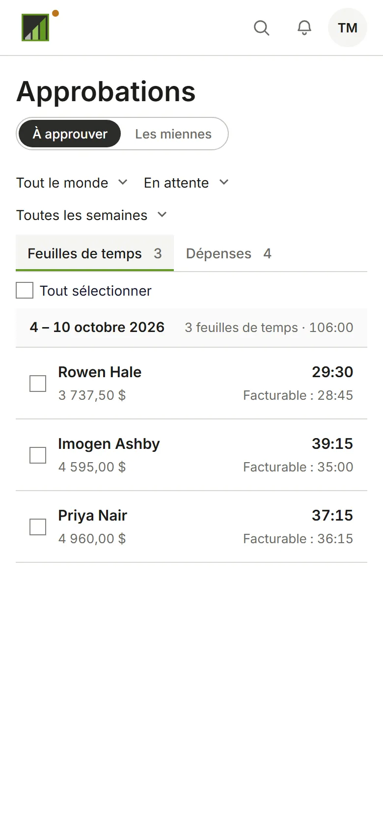 La page Approbations