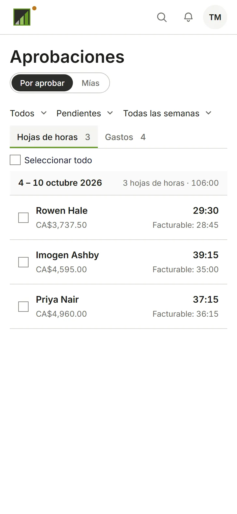 La página Aprobaciones