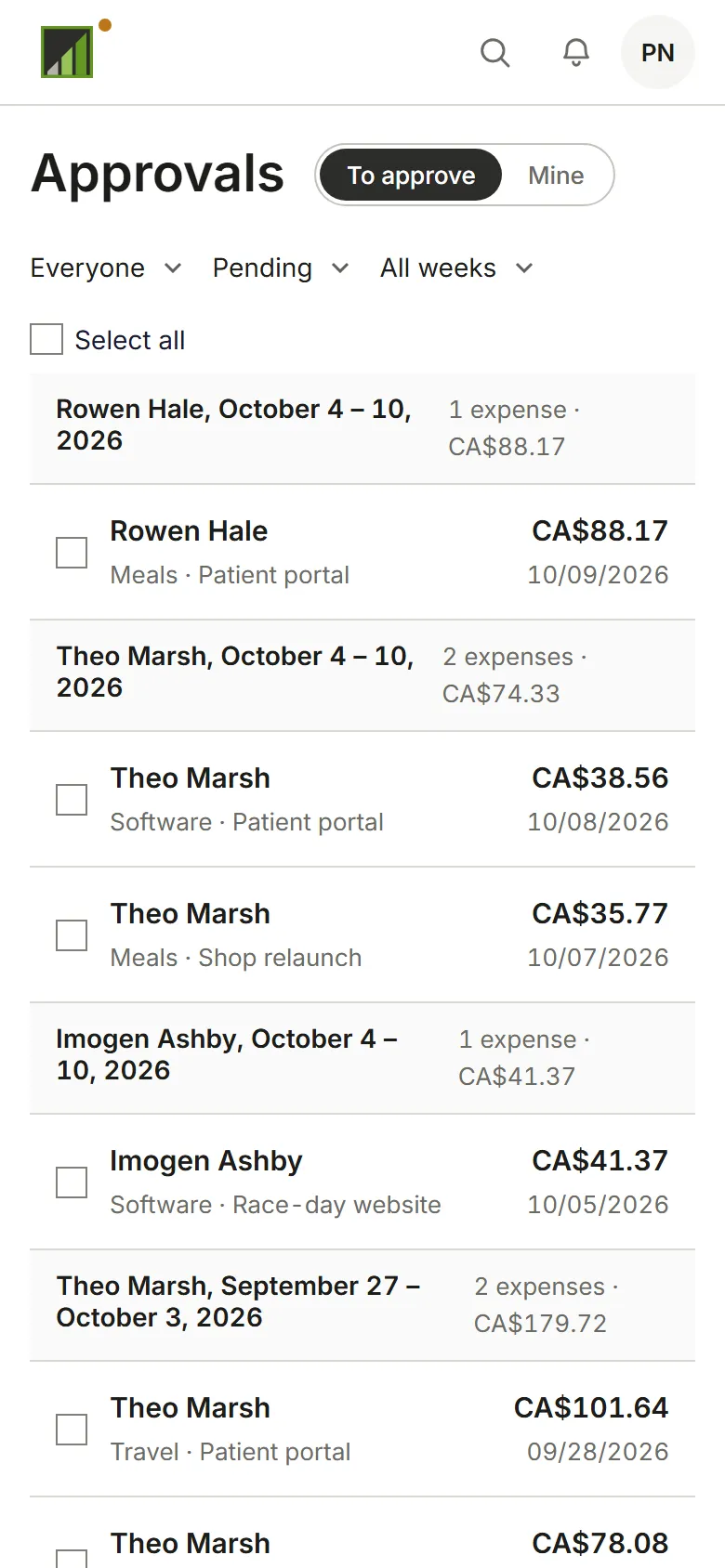 The Approvals page