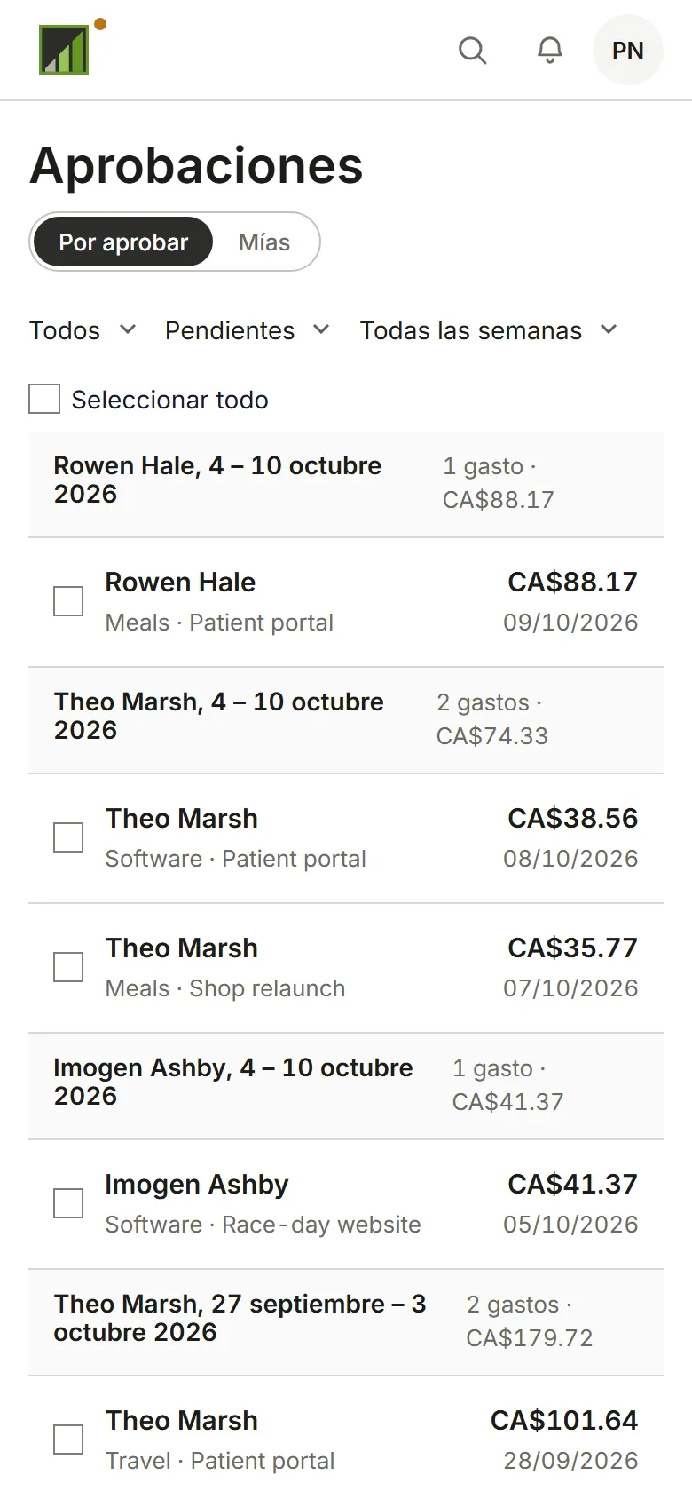 La página Aprobaciones