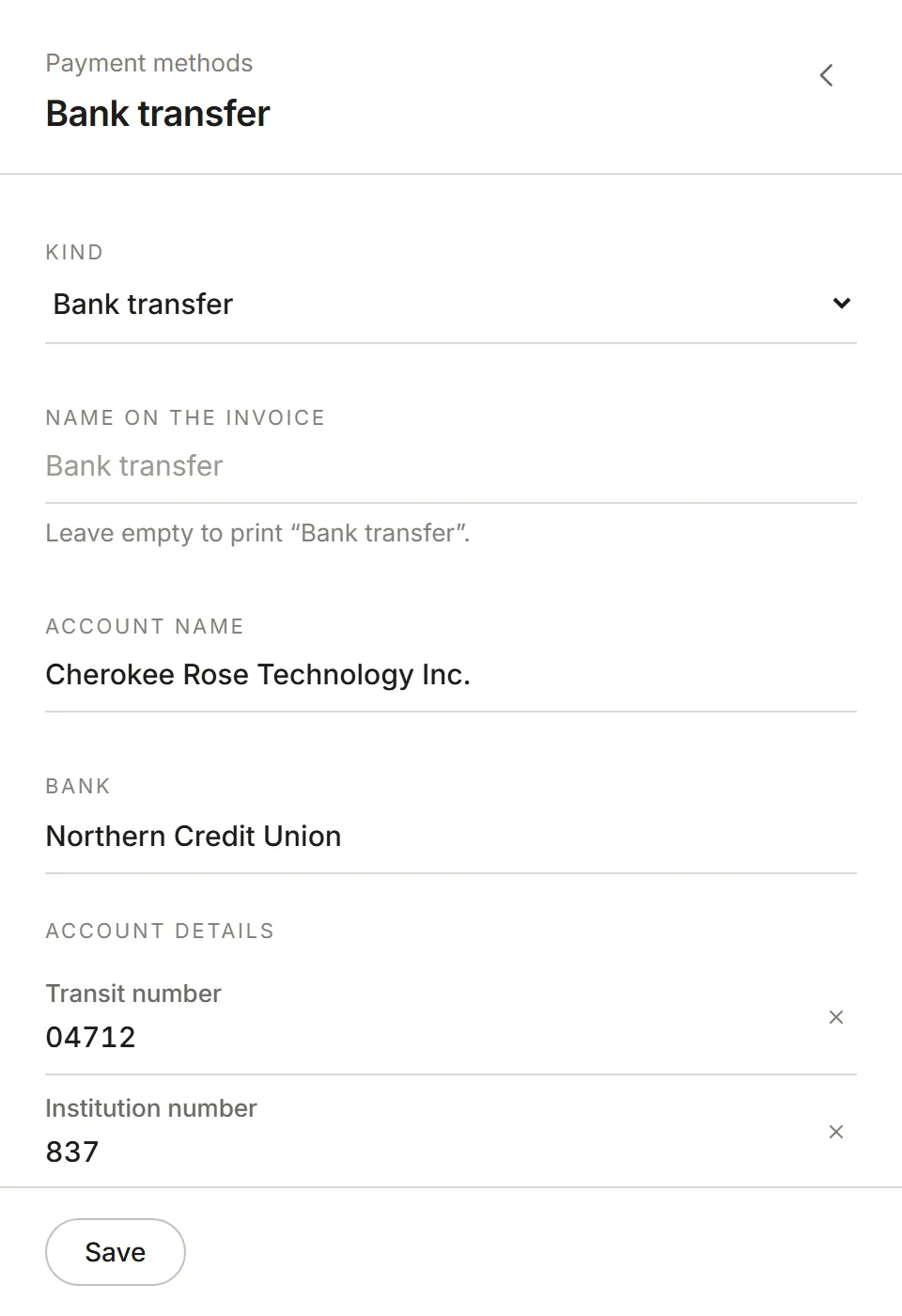 A bank transfer: account name, bank, and the transit, institution and account numbers