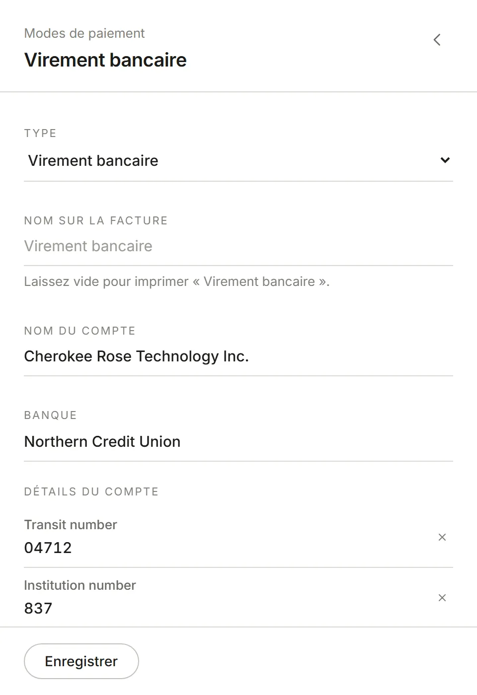 Un virement bancaire : nom du compte, banque, et numéros de transit, d’institution et de compte