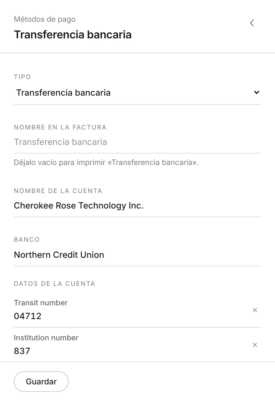 Una transferencia bancaria: nombre de la cuenta, banco y números de tránsito, de institución y de cuenta