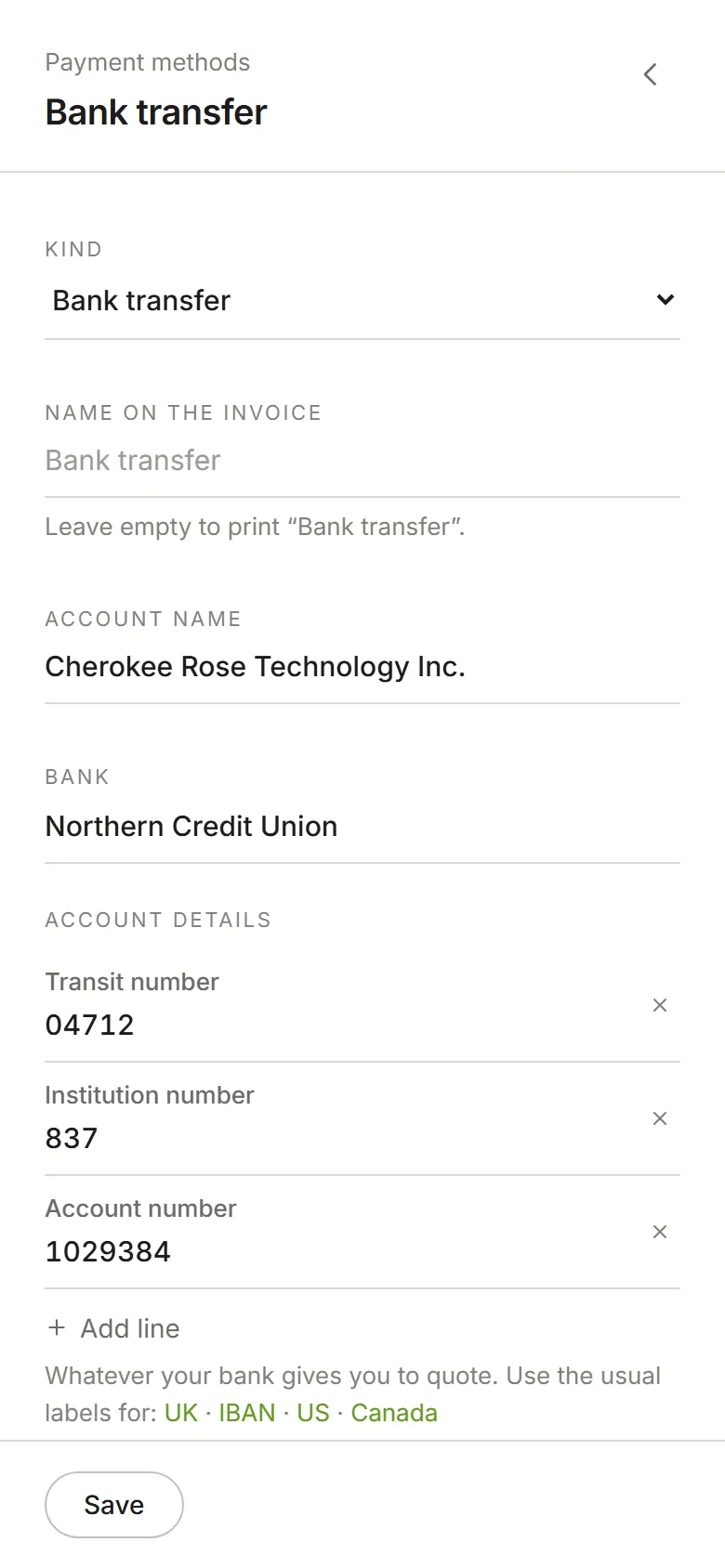 A bank transfer: account name, bank, and the transit, institution and account numbers