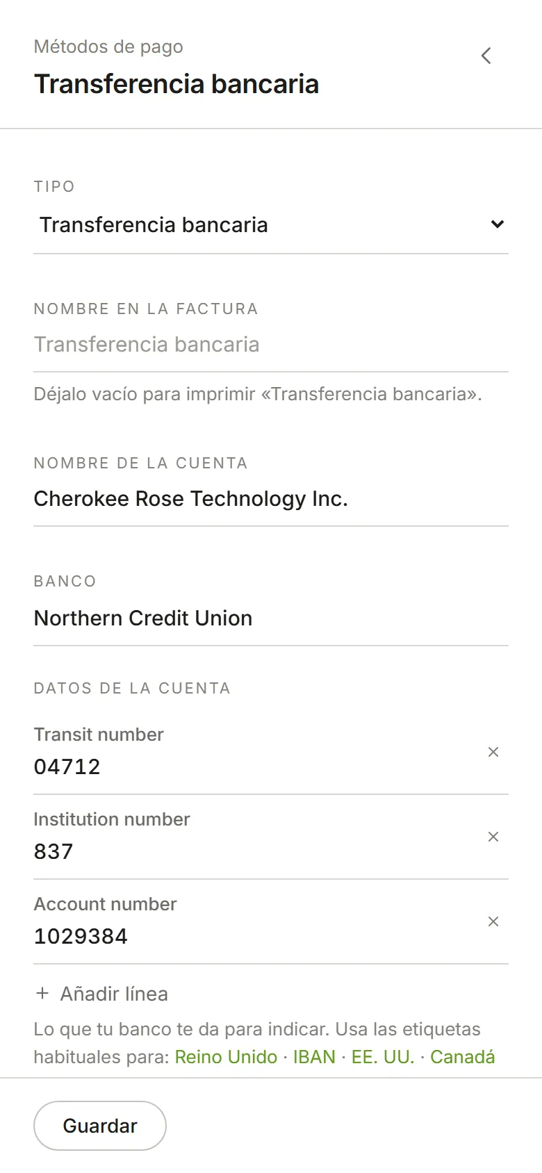 Una transferencia bancaria: nombre de la cuenta, banco y números de tránsito, de institución y de cuenta