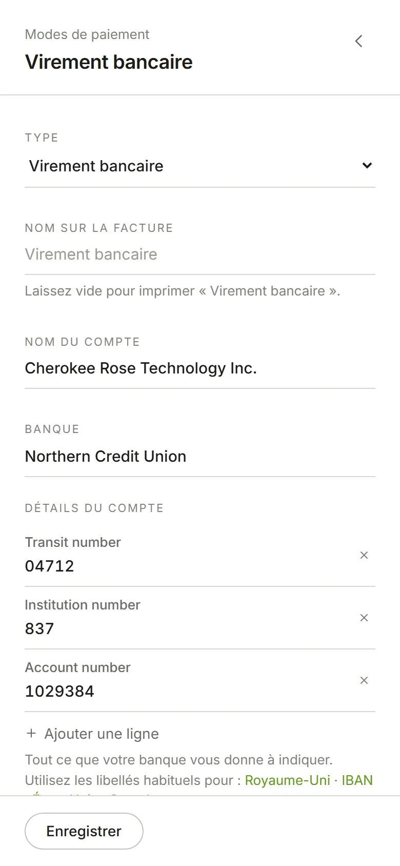 Un virement bancaire : nom du compte, banque, et numéros de transit, d’institution et de compte