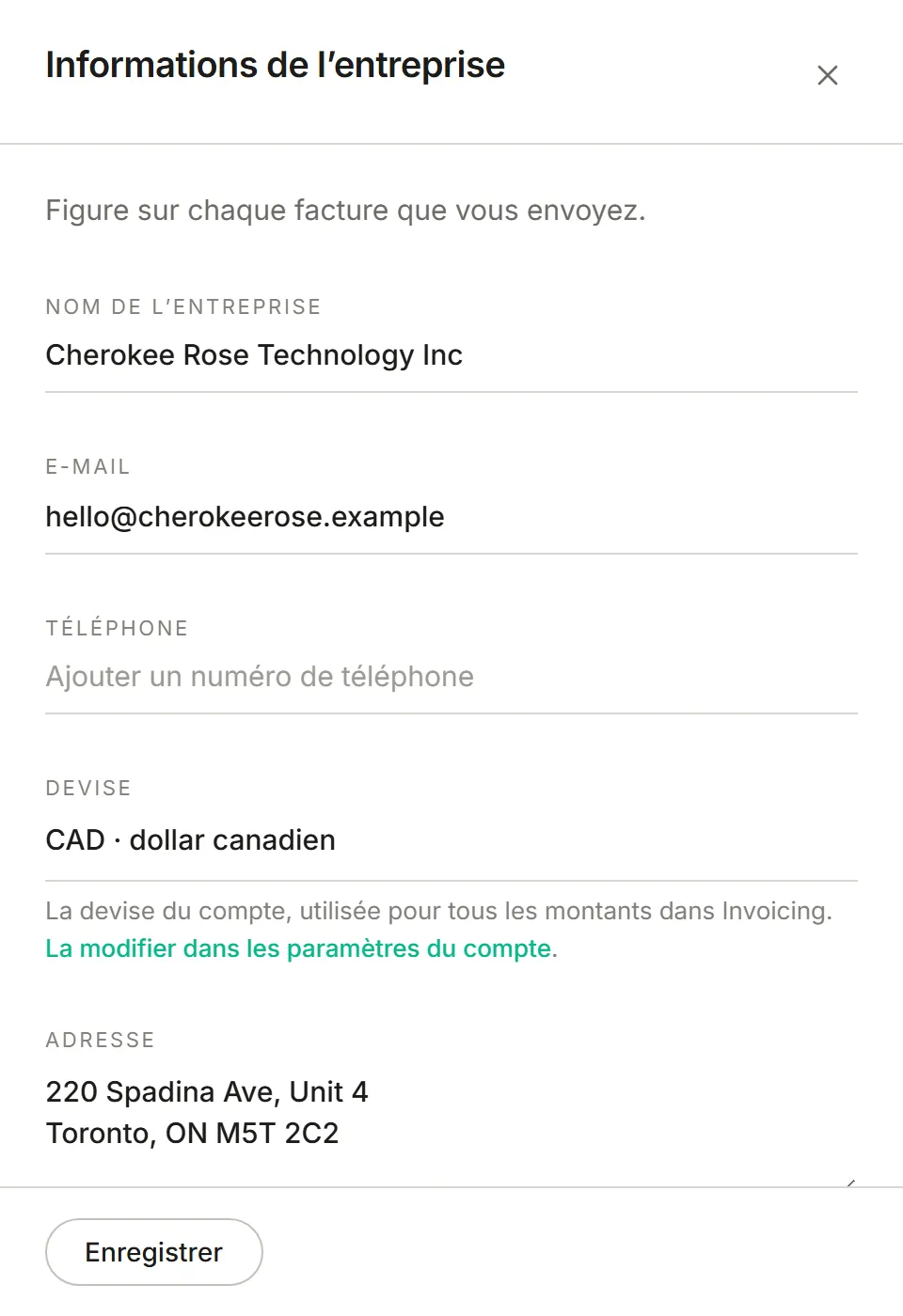 Le panneau Informations de l’entreprise