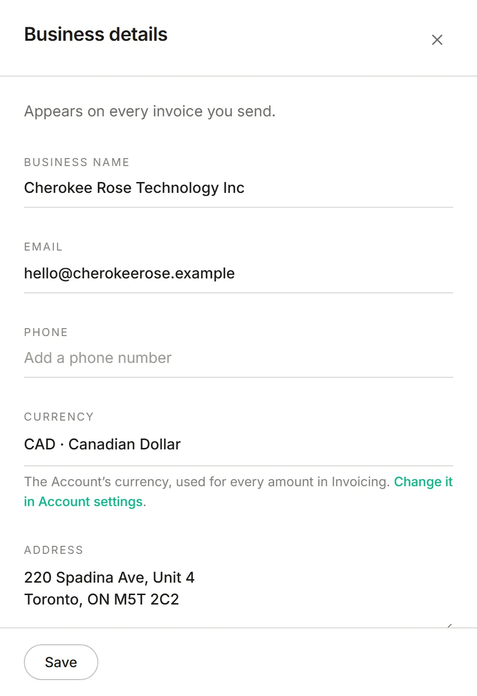The Business details panel