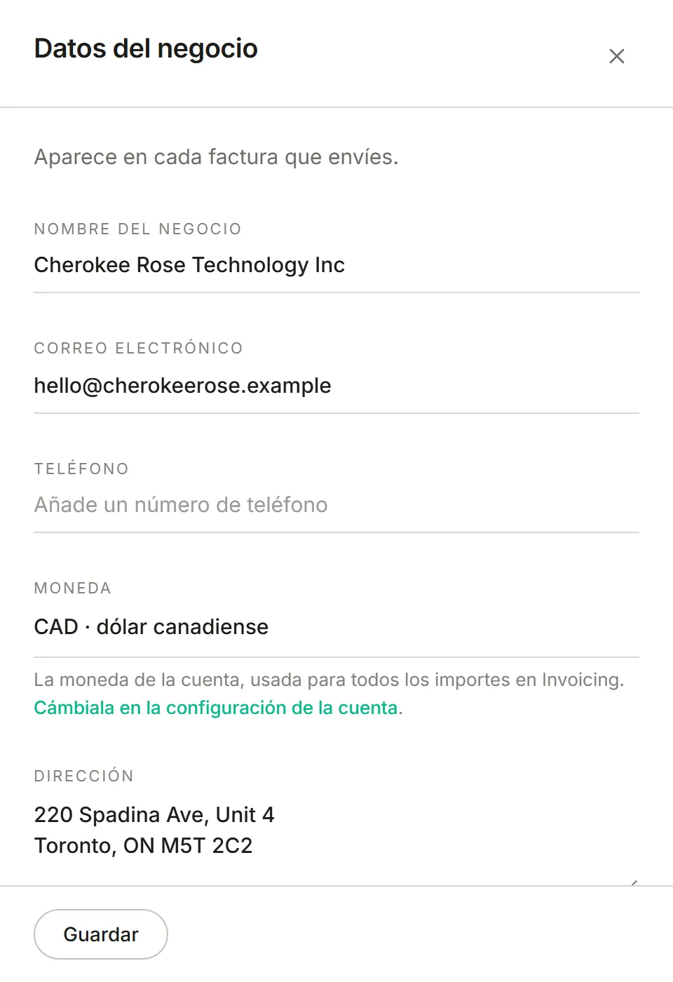 El panel Datos del negocio