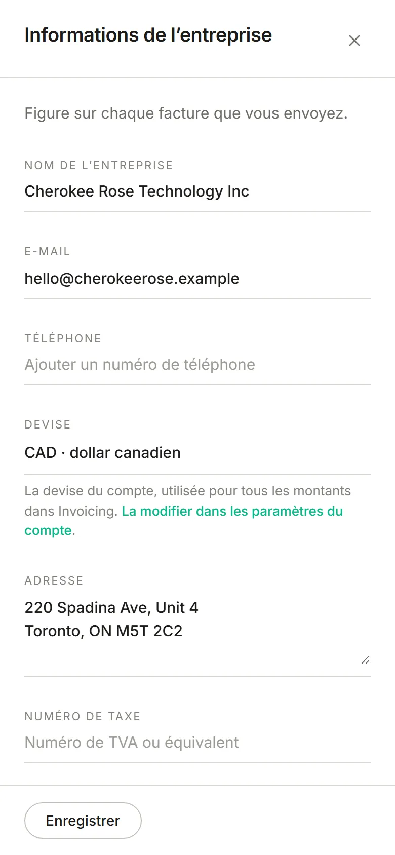 Le panneau Informations de l’entreprise