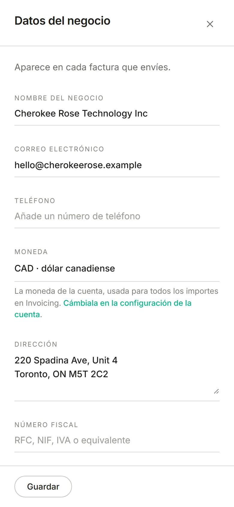 El panel Datos del negocio