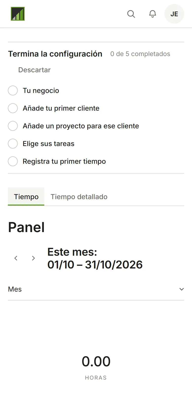 El panel con Termina la configuración: 0 de 5 hechos, y los cinco pasos
