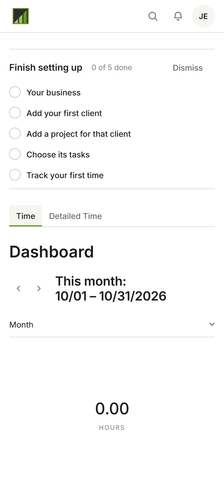 The dashboard with Finish setting up: 0 of 5 done, and the five steps