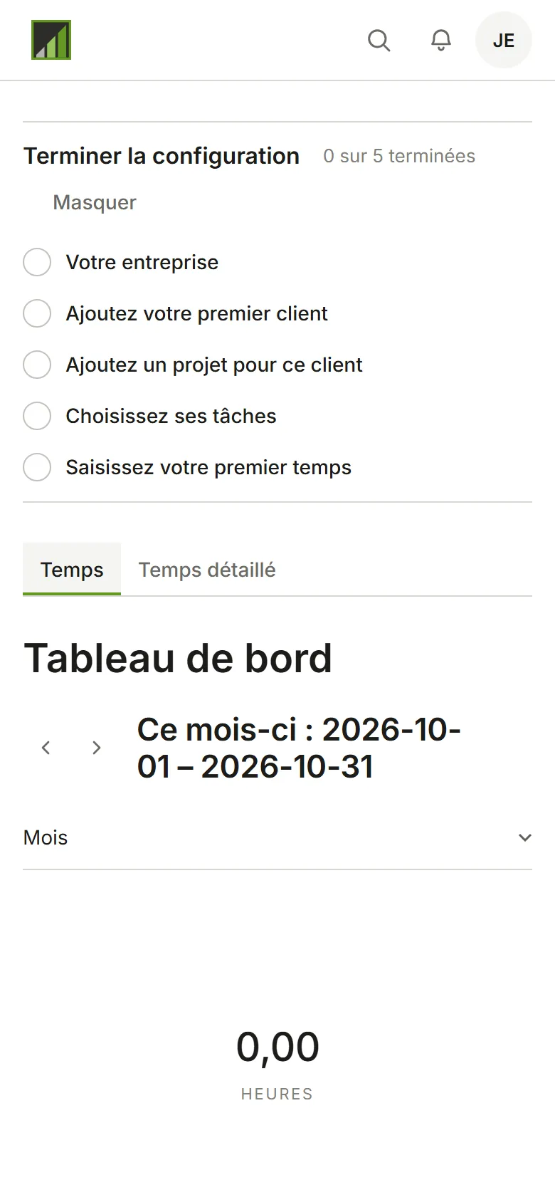 Le tableau de bord avec Terminer la configuration : 0 sur 5 terminées, et les cinq étapes