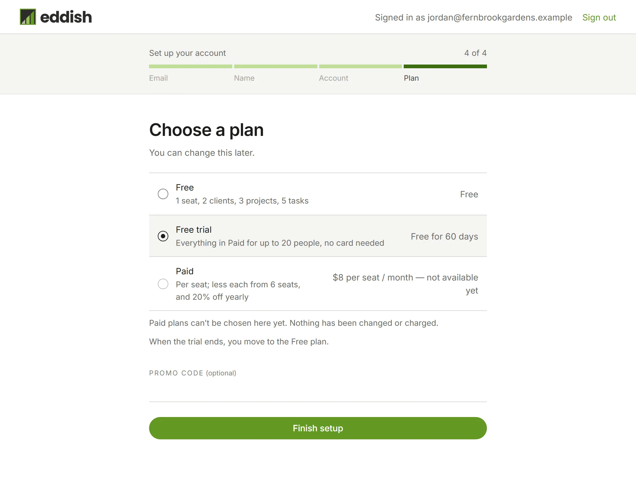The plan step with the free trial selected