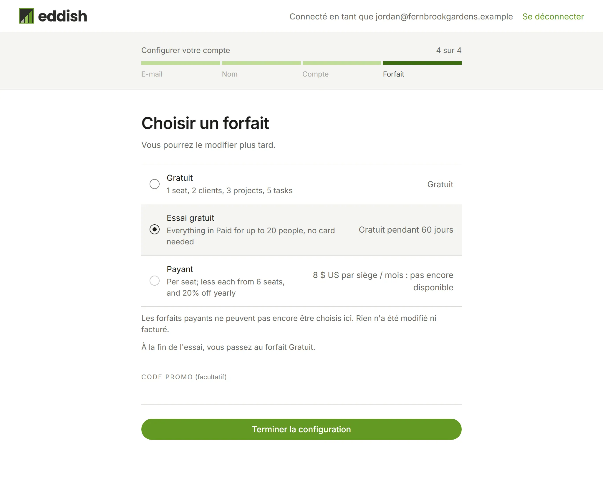 L'étape du forfait avec l'essai gratuit sélectionné