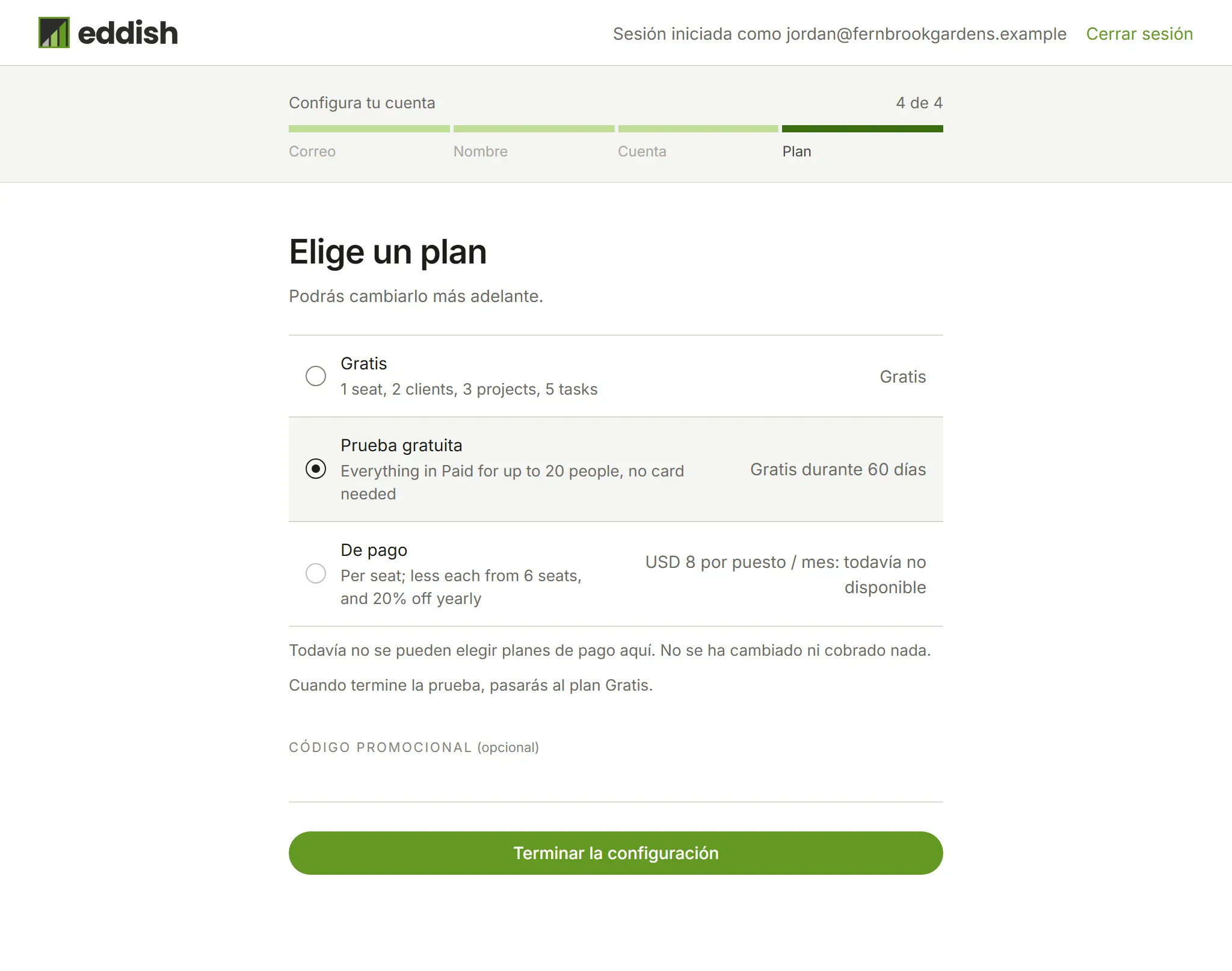El paso del plan con la prueba gratuita seleccionada