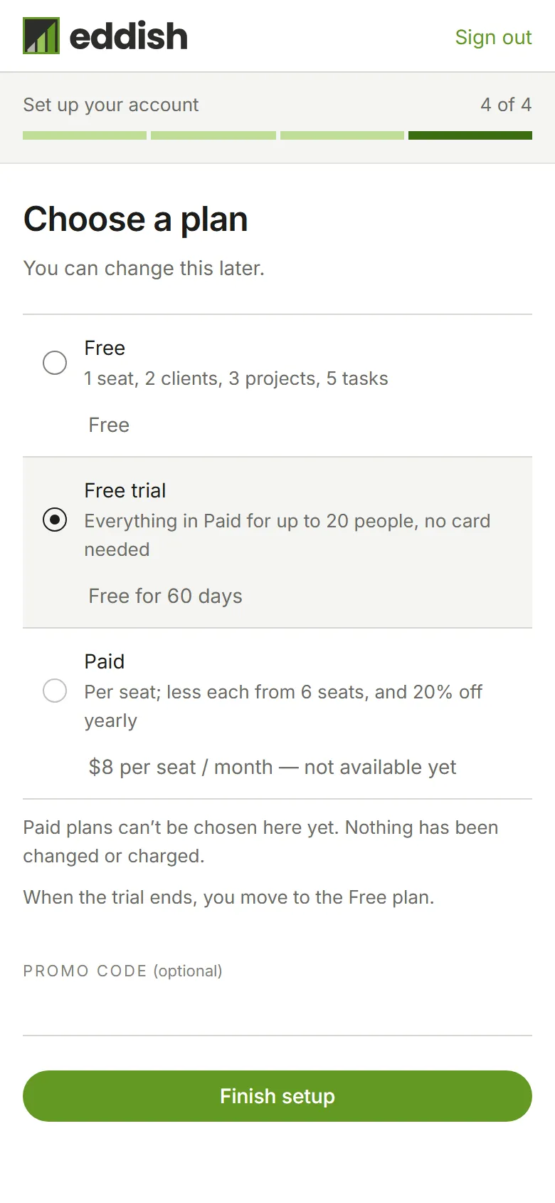 The plan step with the free trial selected