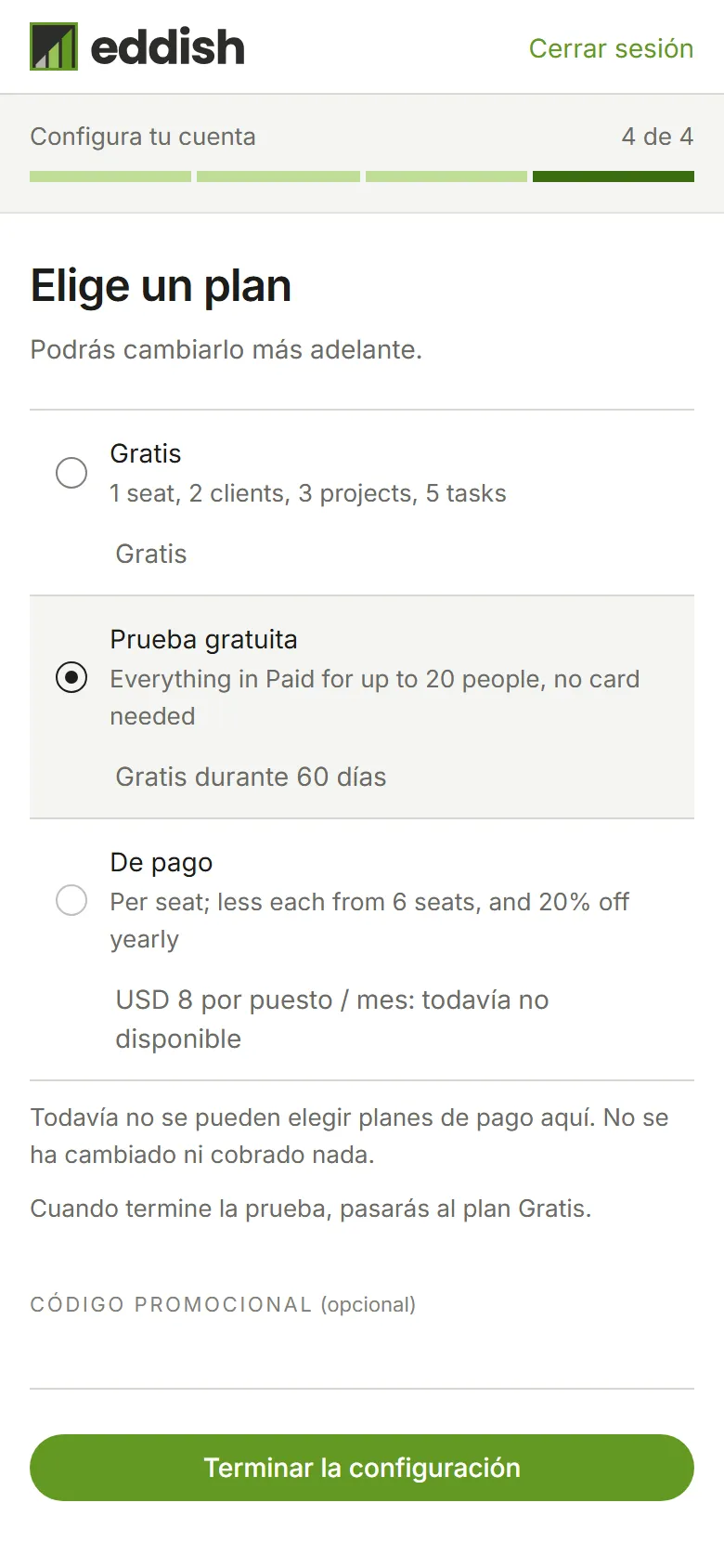 El paso del plan con la prueba gratuita seleccionada