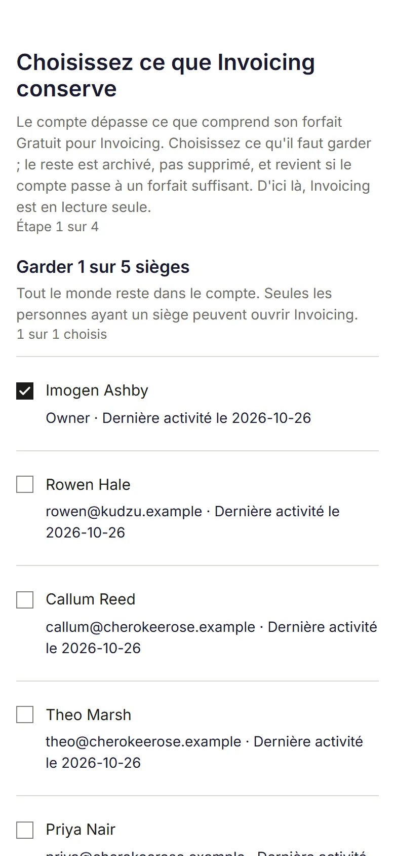Choisissez ce qu'Invoicing conserve, étape 1 sur 4 : garder 1 sur 5 sièges, avec le Propriétaire coché