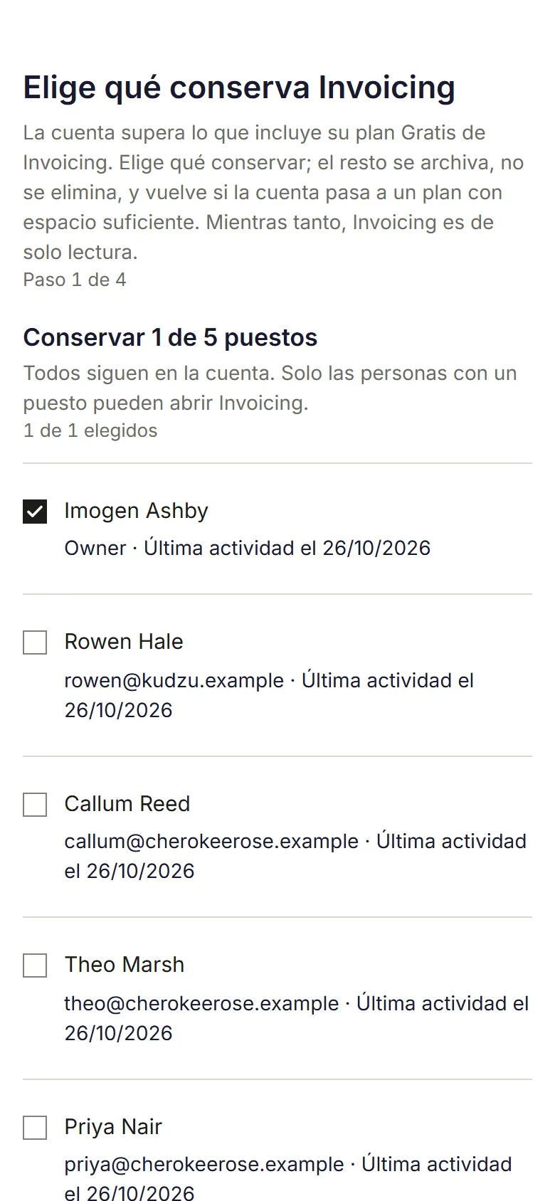 Elige qué conserva Invoicing, paso 1 de 4: conservar 1 de 5 puestos, con el Propietario marcado