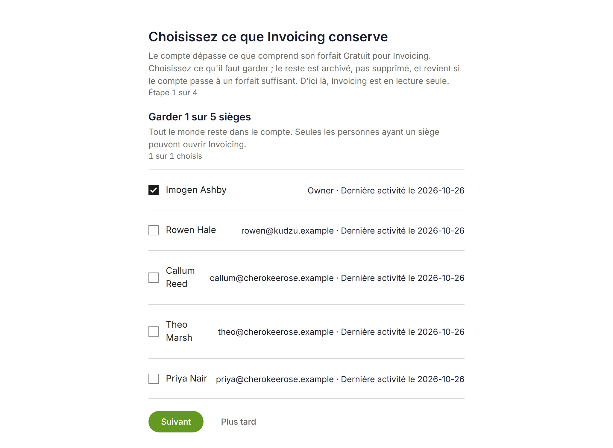 Choisissez ce qu'Invoicing conserve, étape 1 sur 4 : garder 1 sur 5 sièges, avec le Propriétaire coché