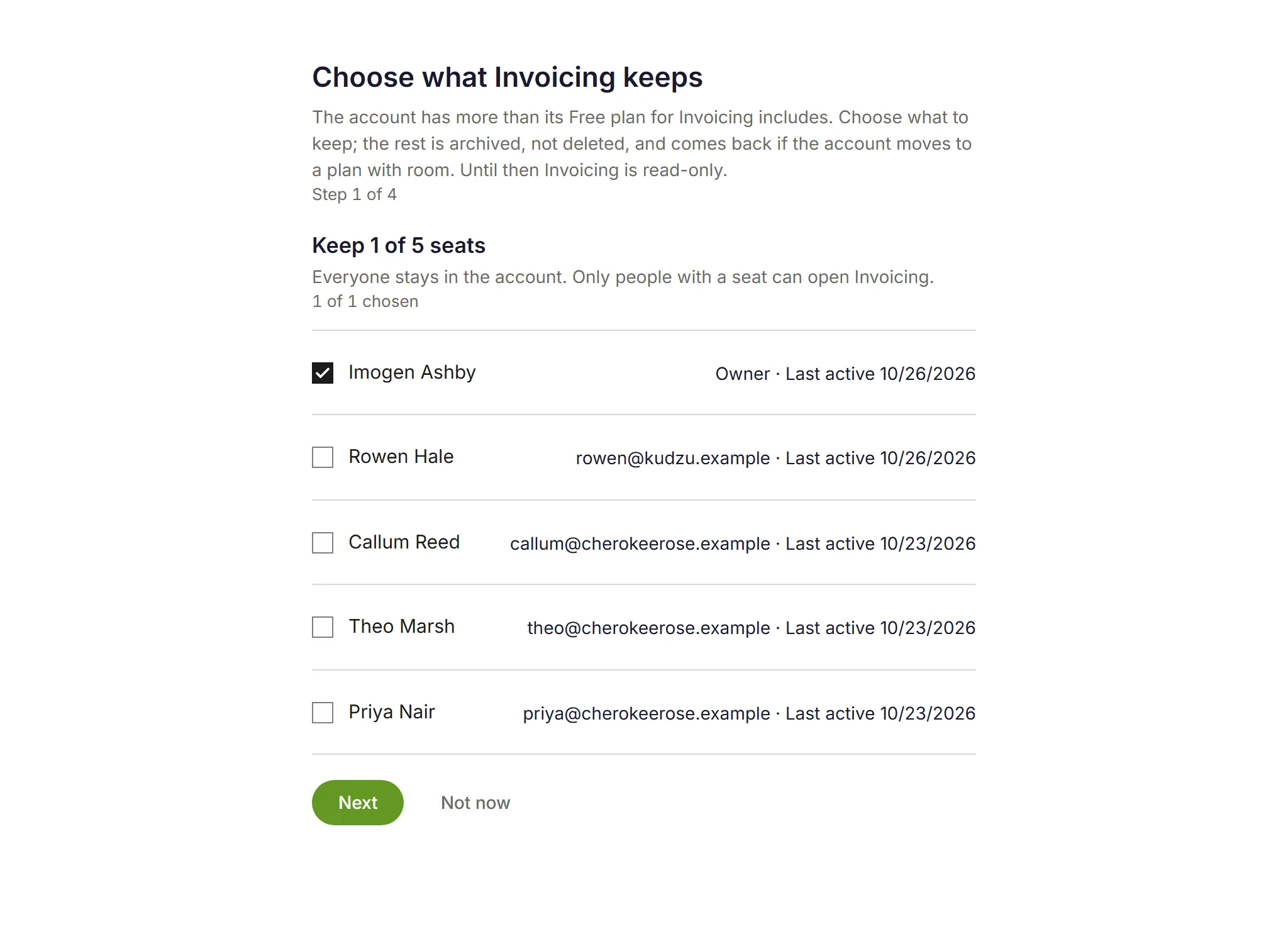 Choose what Invoicing keeps, step 1 of 4: keep 1 of 5 seats, with the Owner ticked