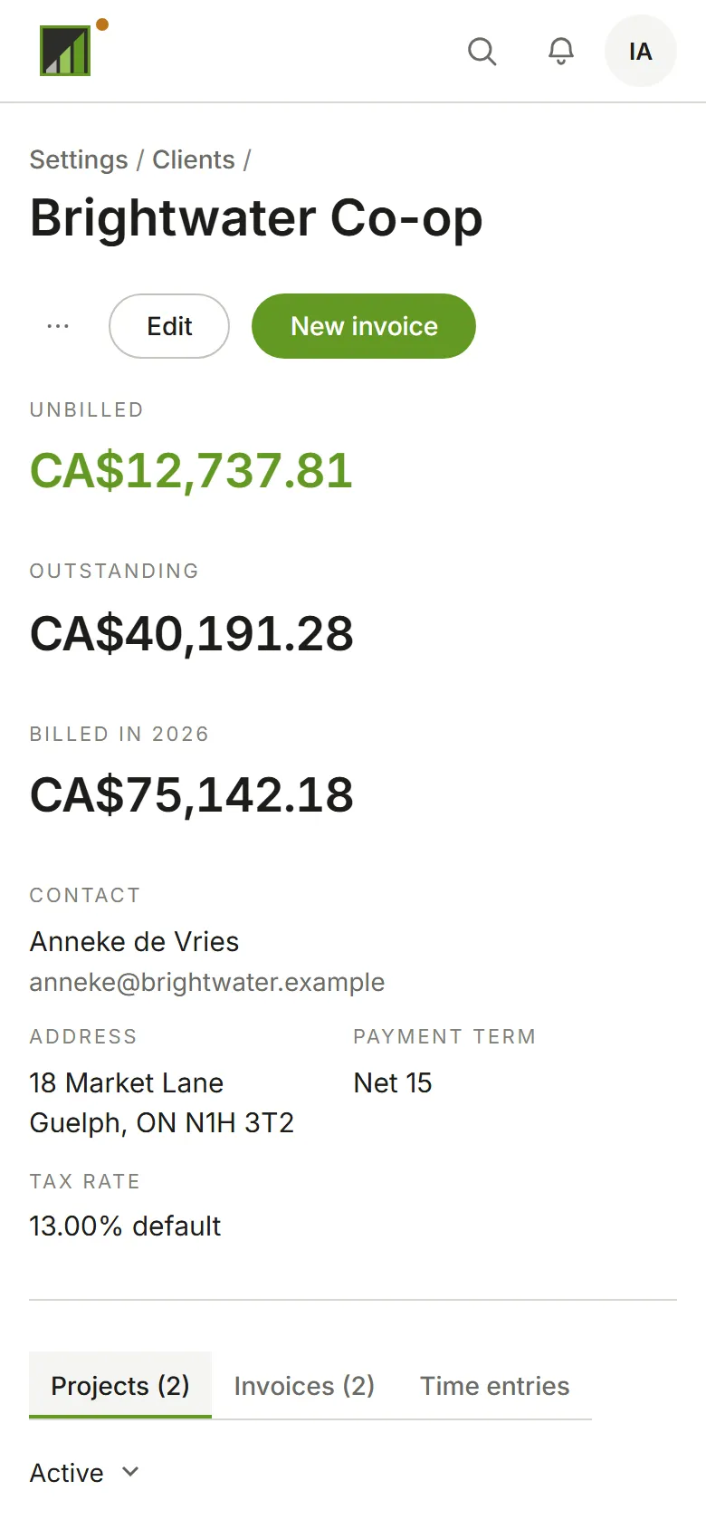 A client's page: totals, contact, terms, and tabs for projects, invoices and time