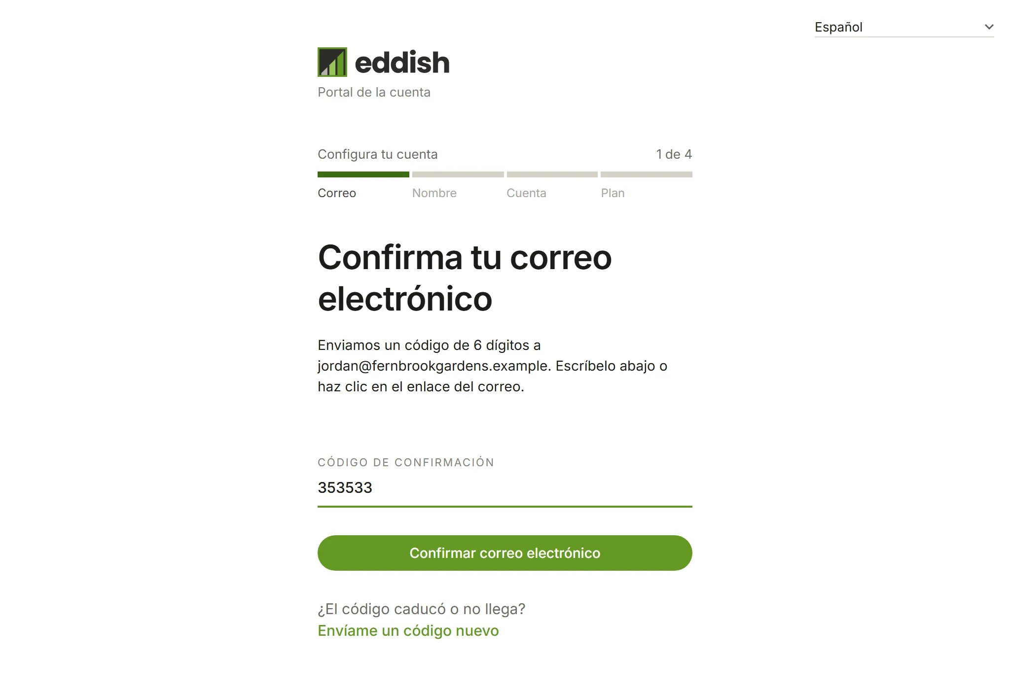 El paso de confirmación del correo electrónico con un código escrito