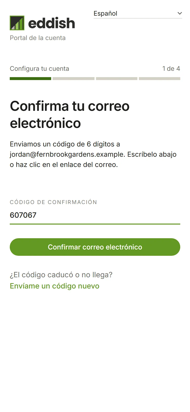 El paso de confirmación del correo electrónico con un código escrito