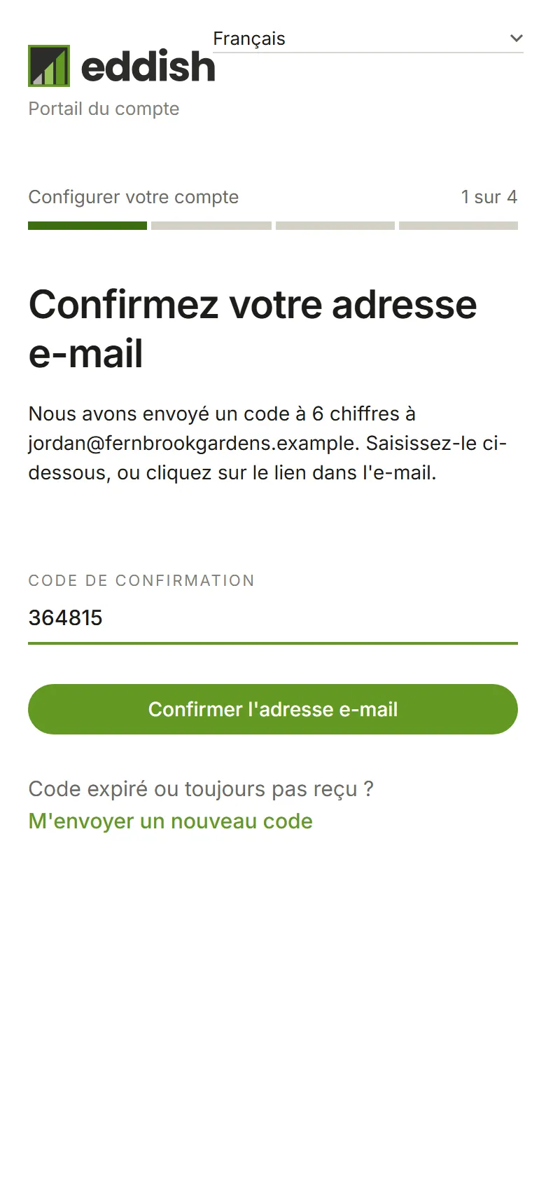 L'étape de confirmation de l'e-mail avec un code saisi