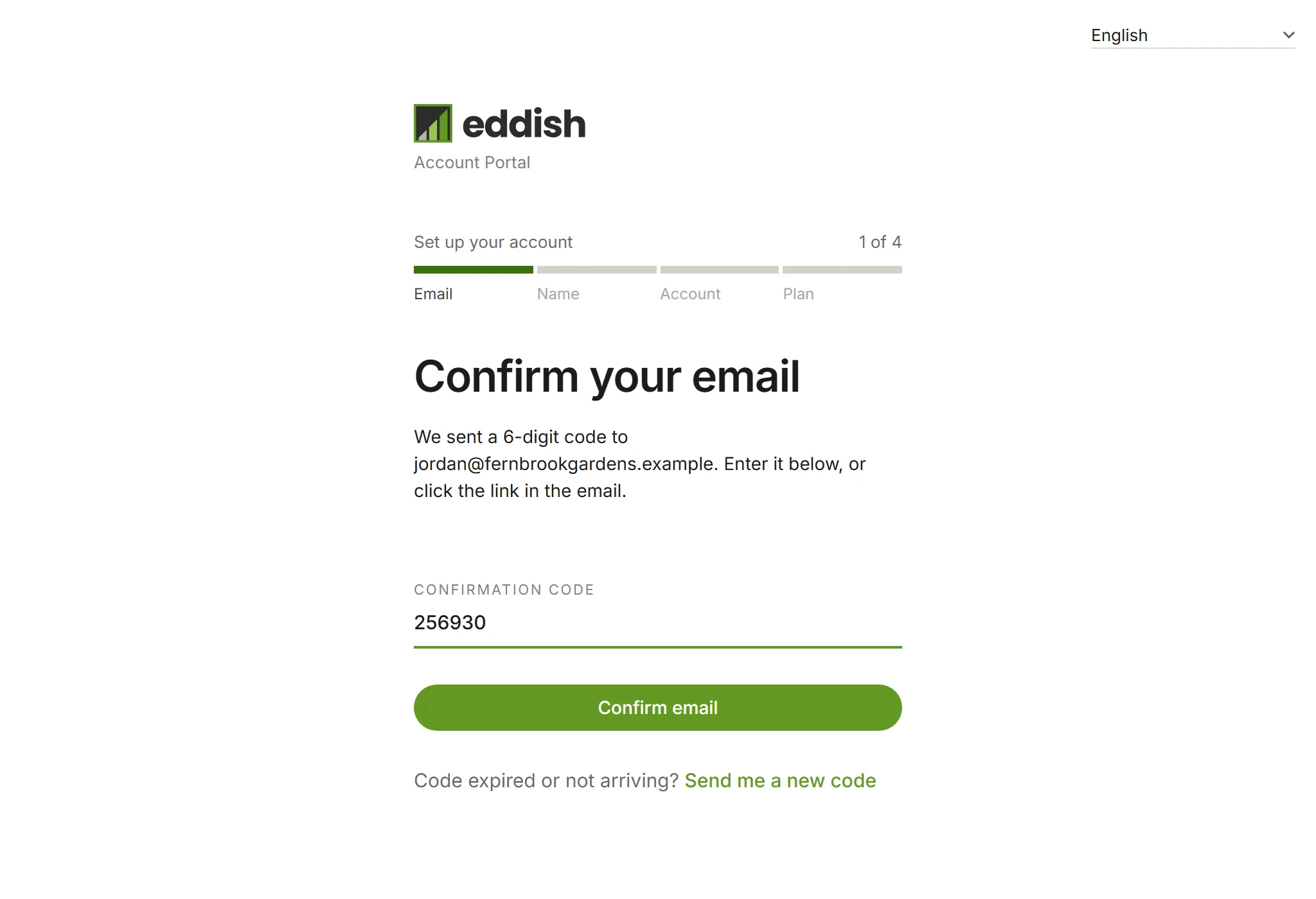 The Confirm your email step with a code entered