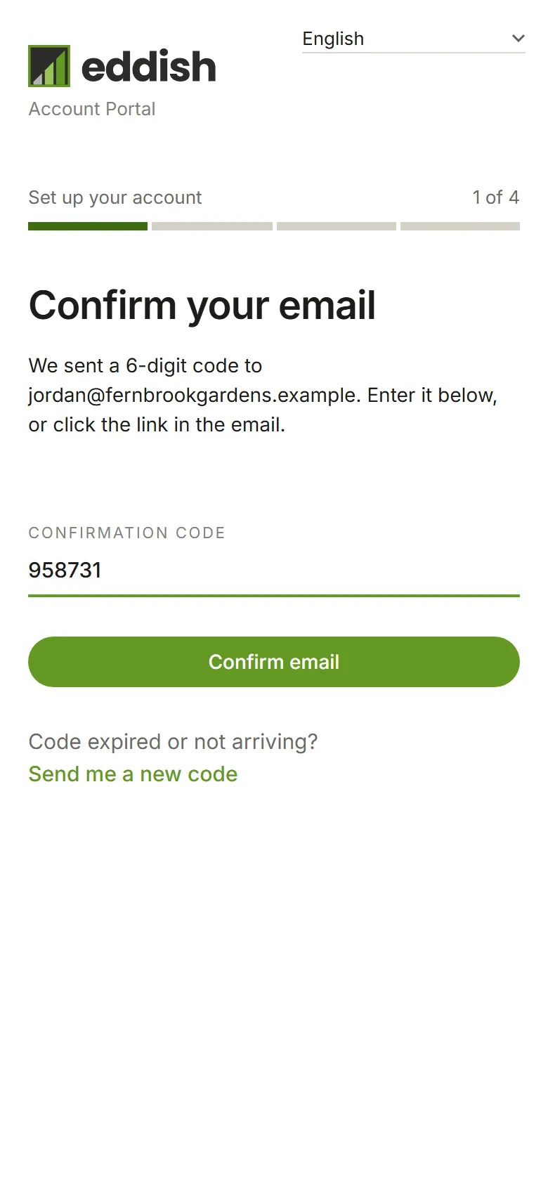 The Confirm your email step with a code entered