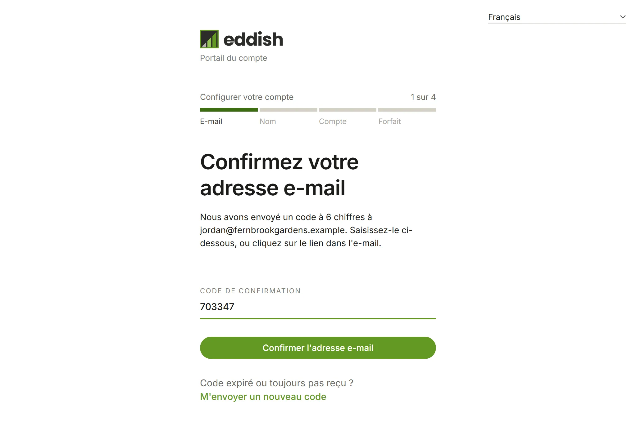 L'étape de confirmation de l'e-mail avec un code saisi
